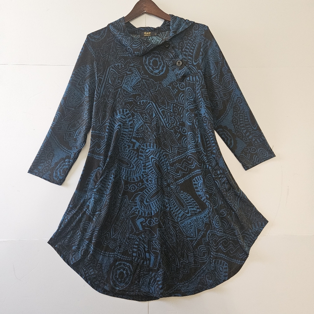 R&B Collection Size L Black & Blue Geometric Patterned Long-Sleeved Flared Mini